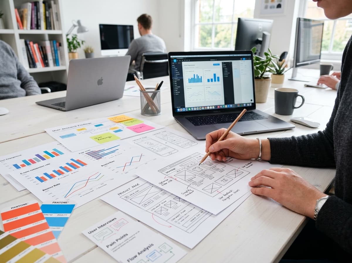 eCommerce user research, analytics charts, and UX wireframe planning
