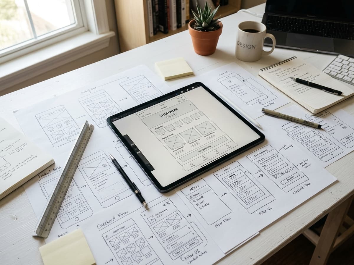 eCommerce UX wireframe blueprints and mobile layout sketches