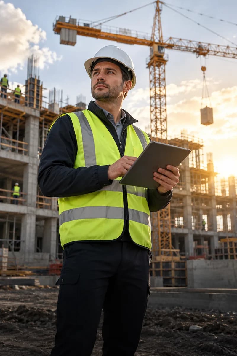 Civil engineer reviewing a tablet at an active construction site