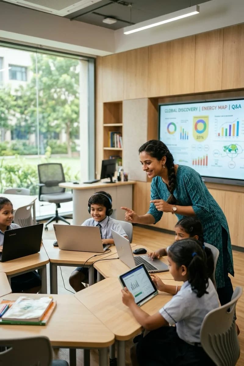 Teacher guiding students using tablets in a modern classroom