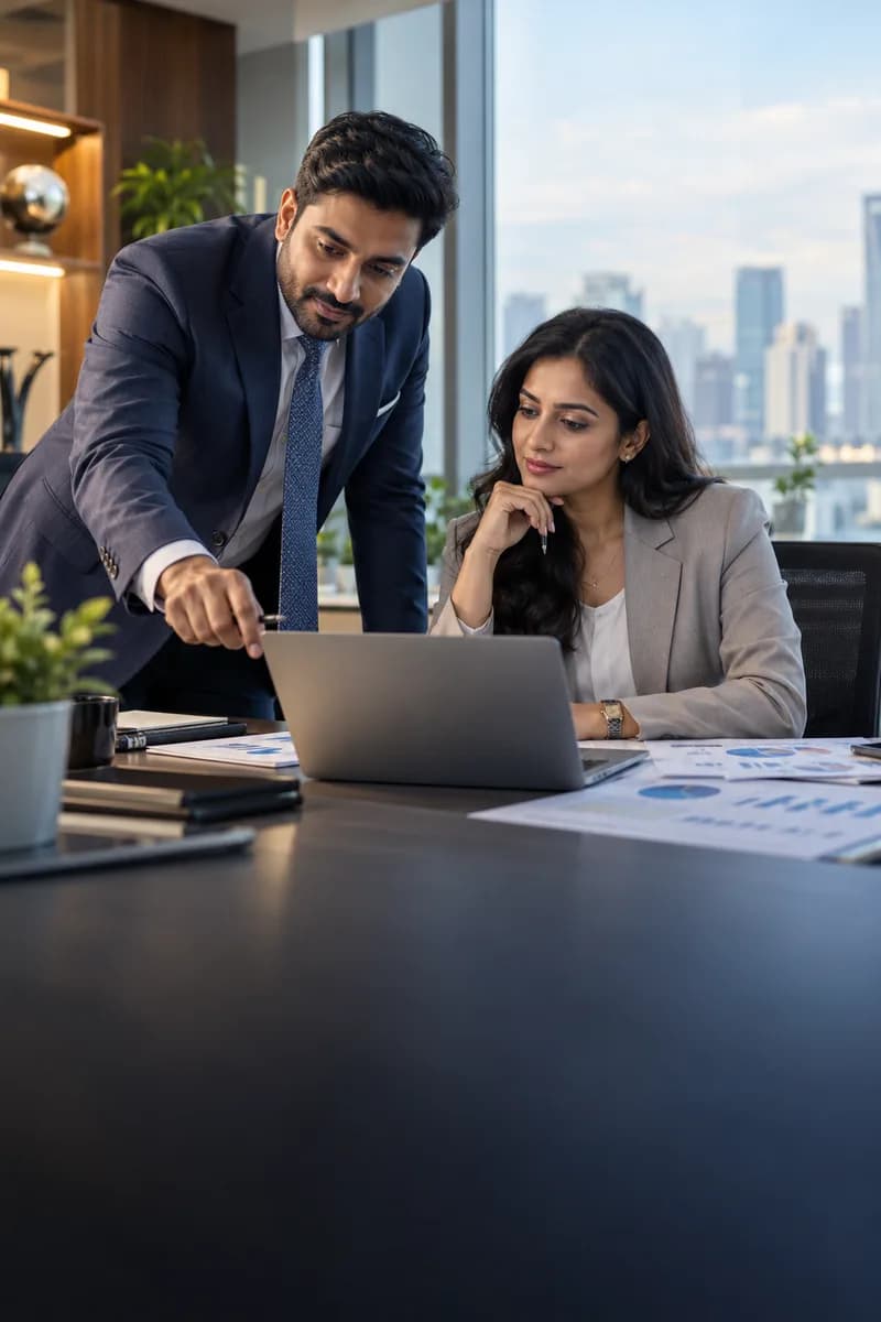 Financial advisors reviewing client information in a modern office
