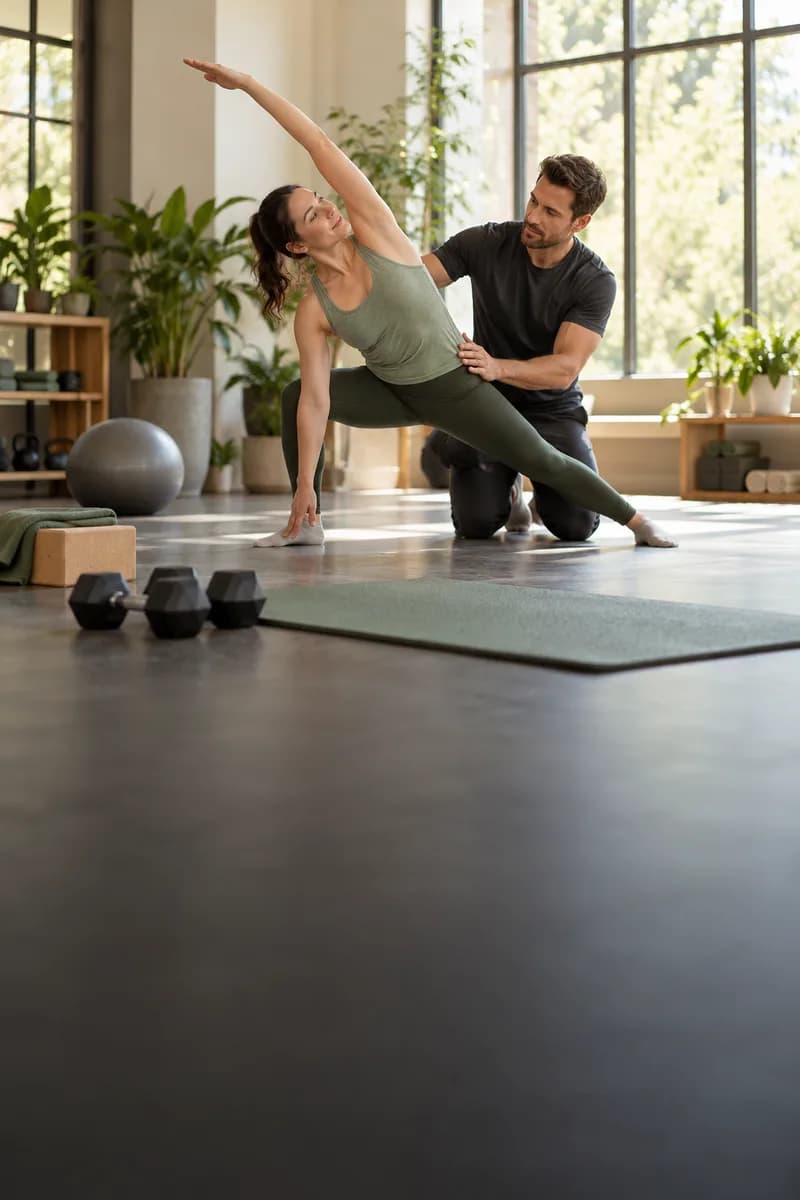 Fitness trainer guiding a member through a stretch in a wellness studio