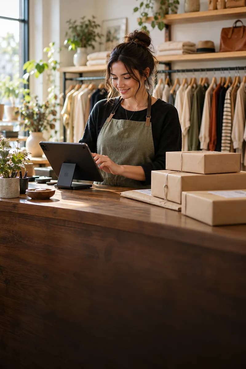 Retail boutique owner managing orders beside ecommerce parcels