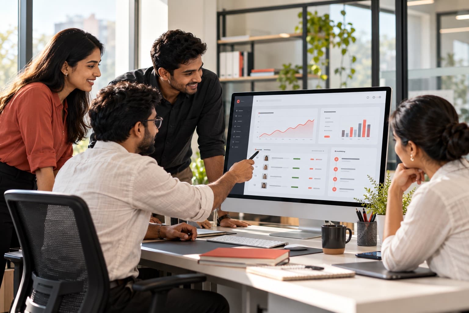 Business team reviewing connected operations and performance on an ERP dashboard